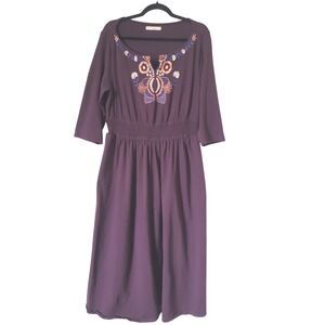 Wayward Fancie eShakti Embroidered Smocked Waist 3/4 Sleeve Purple Midi Dress 1X